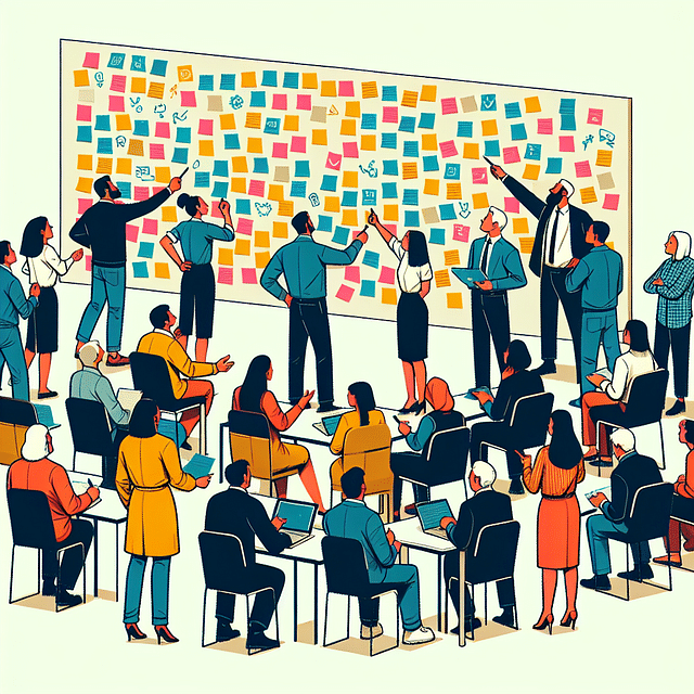 brainstorming session with post-it notes on a wall