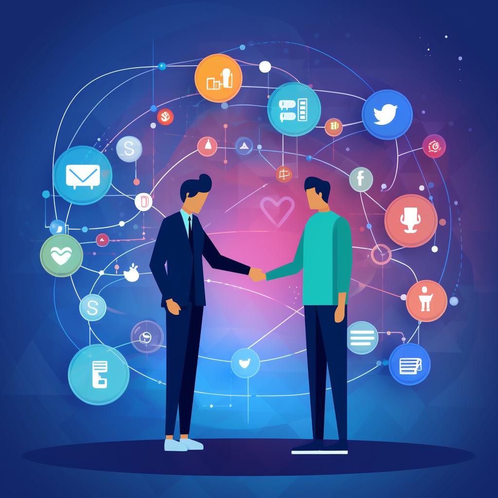Two people shaking hands with a social media icons background